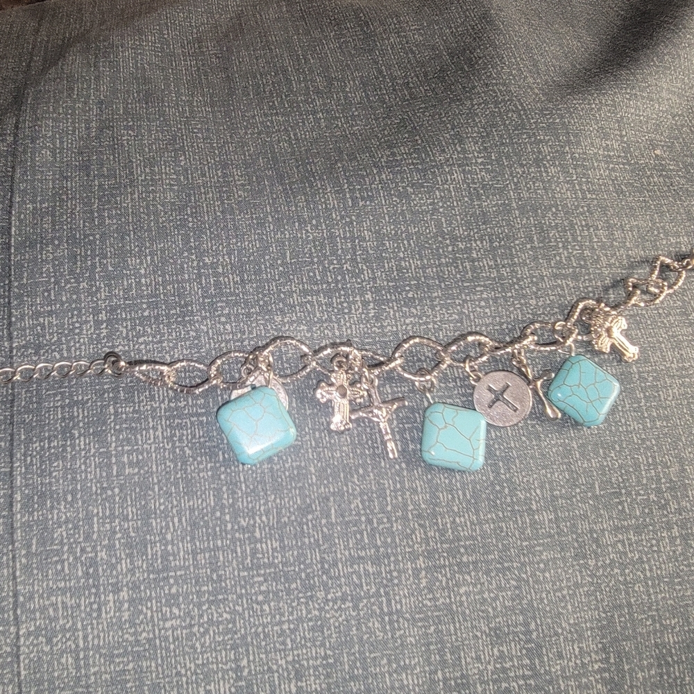 Misses faux Silver and turquoise  cross charms dangle Bracelet cute adjustable - Picture 7 of 7